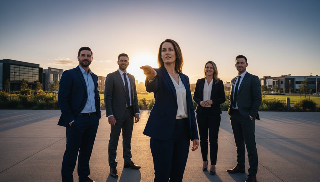 A striking, low-angle, cinematic photograph of a diverse team of professionals in modern business attire, looking confidently towards the future, set against a blurred yet vibrant backdrop representing the industrial and green spaces near Ardeer Train Station, showcasing Dynamic Corporate Photography Solutions Ardeer Businesses can leverage for growth. The scene is bathed in golden hour light, highlighting their determination and unity.