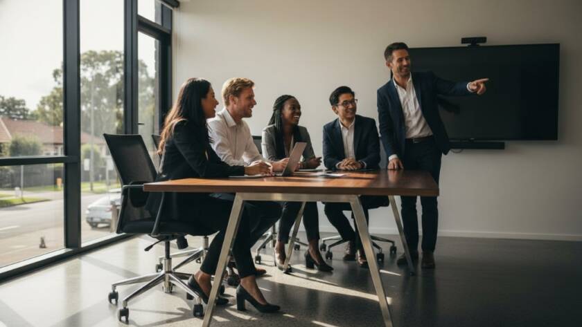A dynamic corporate photography Balwyn businesses scene capturing a diverse, modern team collaborating energetically in a bright, contemporary Balwyn office space, with dramatic light streaming in, showcasing professionalism and innovation.