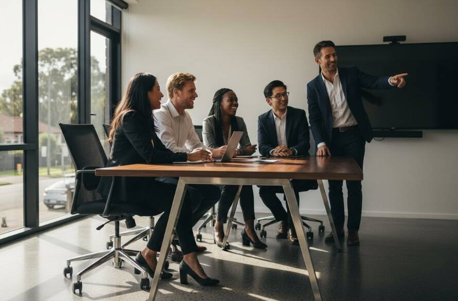 A dynamic corporate photography Balwyn businesses scene capturing a diverse, modern team collaborating energetically in a bright, contemporary Balwyn office space, with dramatic light streaming in, showcasing professionalism and innovation.