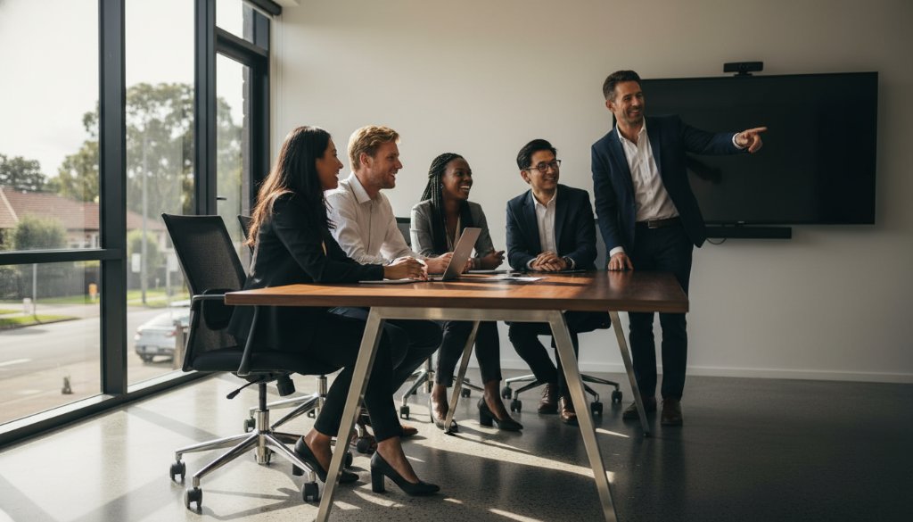 A dynamic corporate photography Balwyn businesses scene capturing a diverse, modern team collaborating energetically in a bright, contemporary Balwyn office space, with dramatic light streaming in, showcasing professionalism and innovation.
