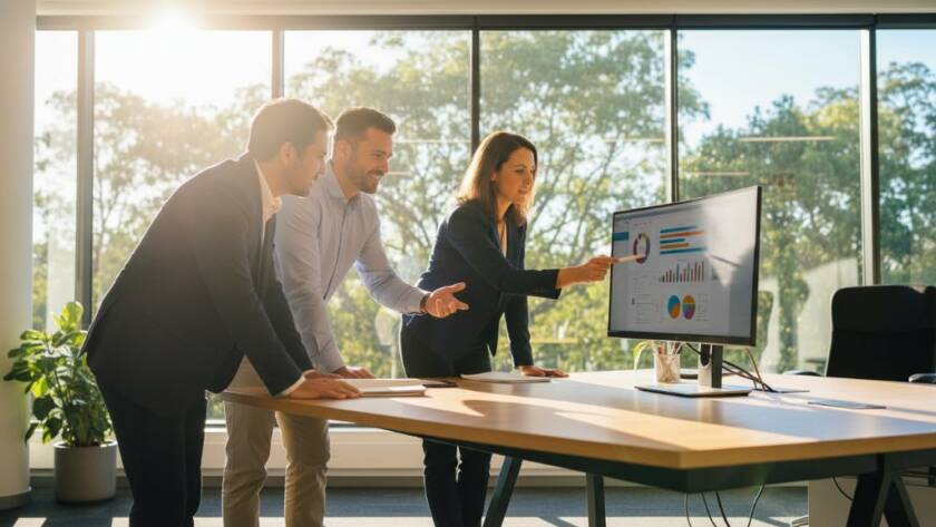 An energetic, dynamic corporate photography session in Blackburn, Victoria, featuring a diverse team of professionals collaborating enthusiastically in a modern, sunlit office space with large windows overlooking leafy surroundings, captured with cinematic lighting and a wide-angle shot, evoking professionalism and innovation.