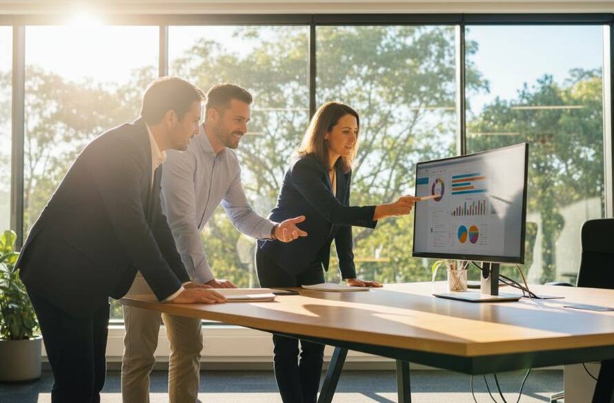 An energetic, dynamic corporate photography session in Blackburn, Victoria, featuring a diverse team of professionals collaborating enthusiastically in a modern, sunlit office space with large windows overlooking leafy surroundings, captured with cinematic lighting and a wide-angle shot, evoking professionalism and innovation.