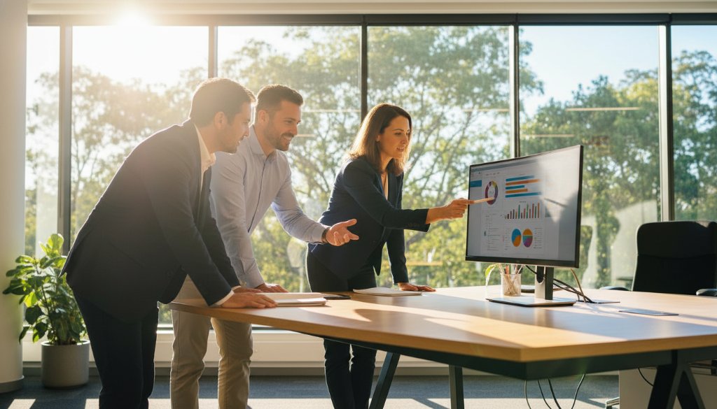 An energetic, dynamic corporate photography session in Blackburn, Victoria, featuring a diverse team of professionals collaborating enthusiastically in a modern, sunlit office space with large windows overlooking leafy surroundings, captured with cinematic lighting and a wide-angle shot, evoking professionalism and innovation.