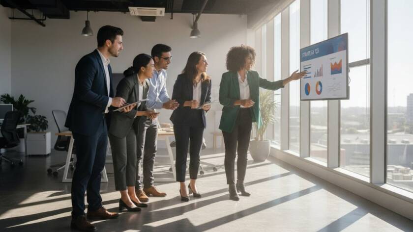 A wide-angle, cinematic photograph capturing a diverse team of professionals collaborating dynamically in a modern, light-filled office space in Box Hill South, Victoria, showcasing their energy and leadership, perfectly representing dynamic corporate photography Box Hill South businesses.