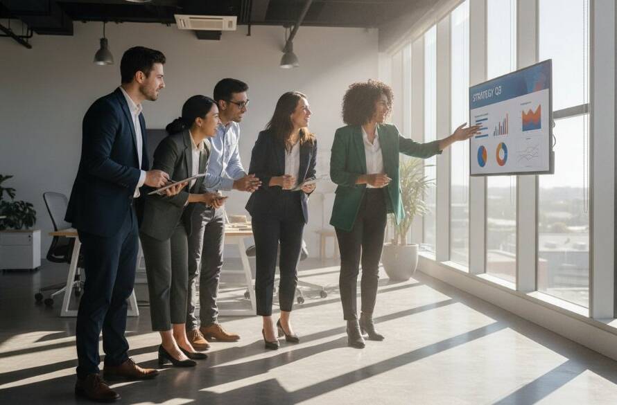 A wide-angle, cinematic photograph capturing a diverse team of professionals collaborating dynamically in a modern, light-filled office space in Box Hill South, Victoria, showcasing their energy and leadership, perfectly representing dynamic corporate photography Box Hill South businesses.