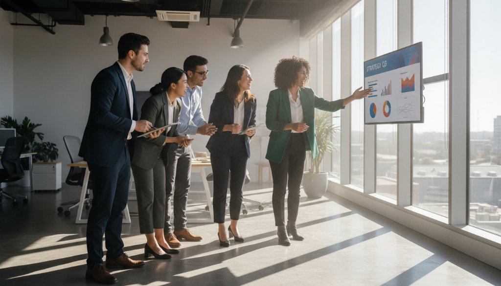 A wide-angle, cinematic photograph capturing a diverse team of professionals collaborating dynamically in a modern, light-filled office space in Box Hill South, Victoria, showcasing their energy and leadership, perfectly representing dynamic corporate photography Box Hill South businesses.