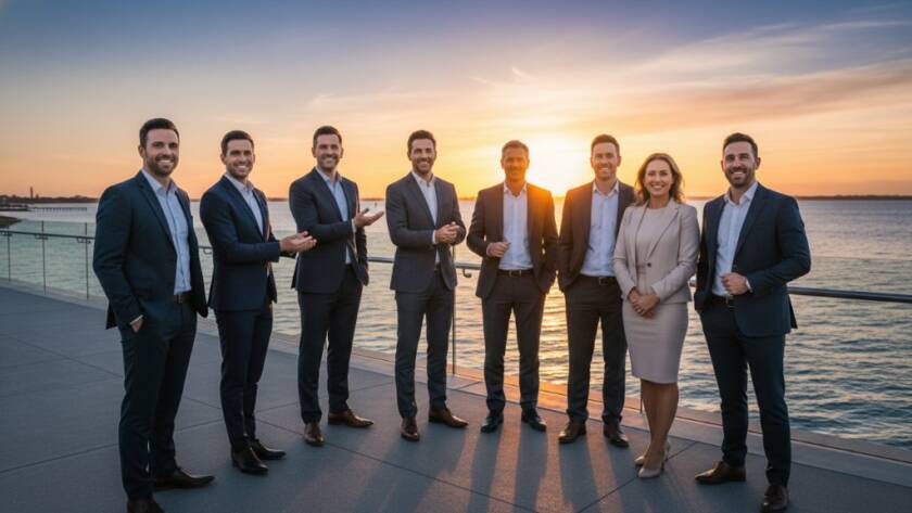 A wide shot of a diverse business team in professional attire, laughing and collaborating on a modern waterfront development in Carrum, Victoria, with the sun setting dramatically over the bay, captured with dynamic corporate photography Carrum businesses style, showcasing success and connection.