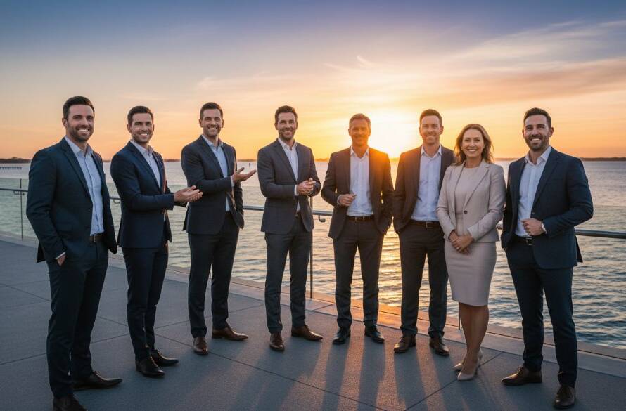 A wide shot of a diverse business team in professional attire, laughing and collaborating on a modern waterfront development in Carrum, Victoria, with the sun setting dramatically over the bay, captured with dynamic corporate photography Carrum businesses style, showcasing success and connection.