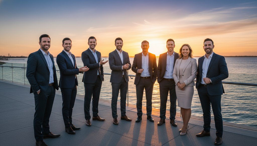 A wide shot of a diverse business team in professional attire, laughing and collaborating on a modern waterfront development in Carrum, Victoria, with the sun setting dramatically over the bay, captured with dynamic corporate photography Carrum businesses style, showcasing success and connection.