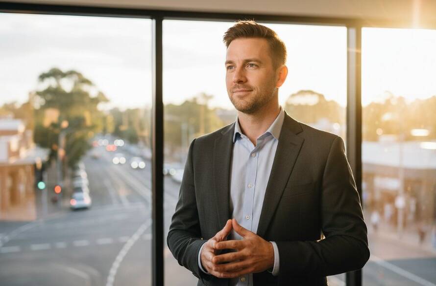A dramatic, cinematically lit portrait capturing a confident business professional against a soft-focus backdrop of Croydon North, embodying the essence of dynamic corporate photography for Vic businesses, expertly composed with professional colour grading.
