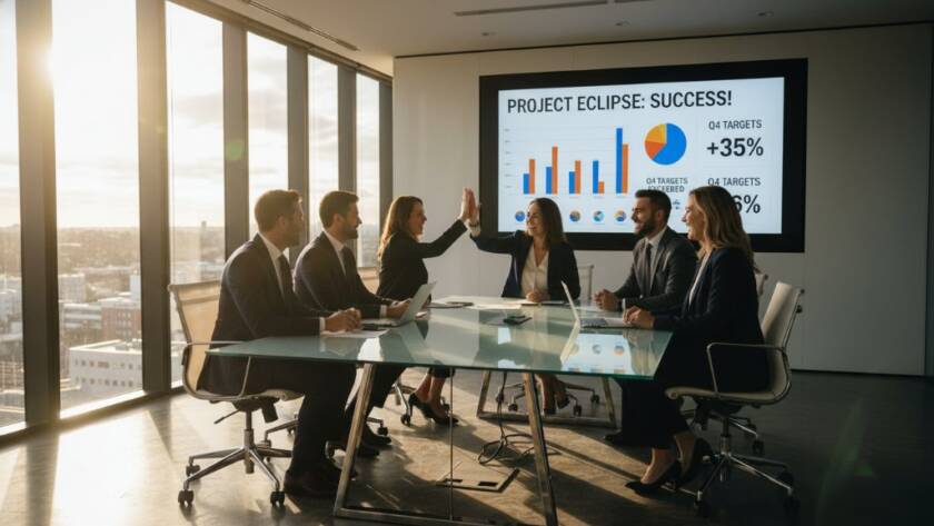 A dramatic, low-angle professional photograph capturing a diverse team of five business professionals, dressed in modern corporate attire, laughing genuinely while walking confidently through a sun-drenched, contemporary office lobby in Dandenong North. The late afternoon sun streams in through large windows, creating long, soft shadows and a warm glow, highlighting their faces. The lead woman looks confidently towards the camera, while her colleagues interact naturally. The composition is dynamic, full of energy, and professionally color-graded, embodying the spirit of dynamic corporate photography Dandenong North businesses.