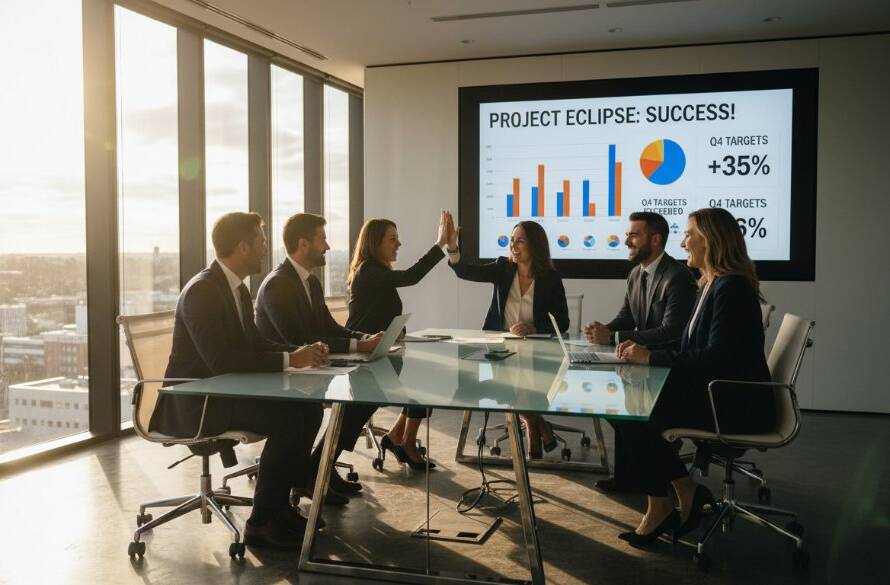 A dramatic, low-angle professional photograph capturing a diverse team of five business professionals, dressed in modern corporate attire, laughing genuinely while walking confidently through a sun-drenched, contemporary office lobby in Dandenong North. The late afternoon sun streams in through large windows, creating long, soft shadows and a warm glow, highlighting their faces. The lead woman looks confidently towards the camera, while her colleagues interact naturally. The composition is dynamic, full of energy, and professionally color-graded, embodying the spirit of dynamic corporate photography Dandenong North businesses.