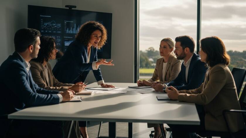 A visually striking, professionally lit photograph capturing an executive team in Donvale, Victoria, engaged in a vibrant discussion, embodying the essence of dynamic corporate photography Donvale businesses need, with modern architecture in the background.