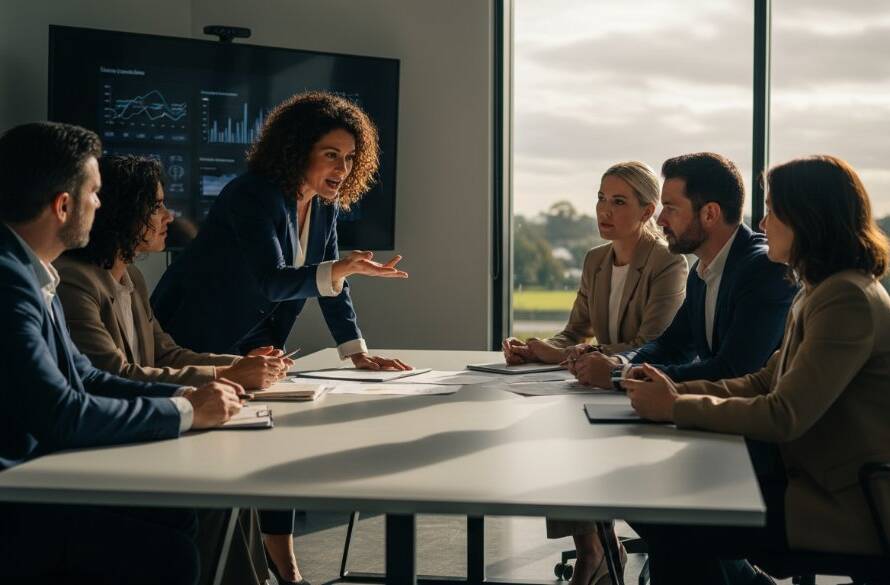 A visually striking, professionally lit photograph capturing an executive team in Donvale, Victoria, engaged in a vibrant discussion, embodying the essence of dynamic corporate photography Donvale businesses need, with modern architecture in the background.