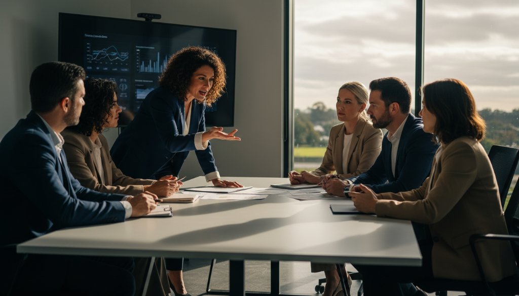 A visually striking, professionally lit photograph capturing an executive team in Donvale, Victoria, engaged in a vibrant discussion, embodying the essence of dynamic corporate photography Donvale businesses need, with modern architecture in the background.