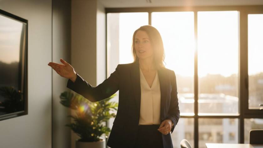 A confident business professional captured in a modern Hillside office, showcasing strong brand impact. This professional photograph, an example of Dynamic Corporate Photography Hillside Victoria for Brand Impact, features dramatic lighting, crisp details, and a powerful, professional pose.
