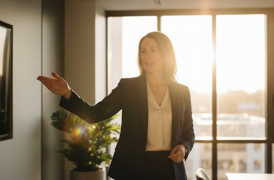 A confident business professional captured in a modern Hillside office, showcasing strong brand impact. This professional photograph, an example of Dynamic Corporate Photography Hillside Victoria for Brand Impact, features dramatic lighting, crisp details, and a powerful, professional pose.