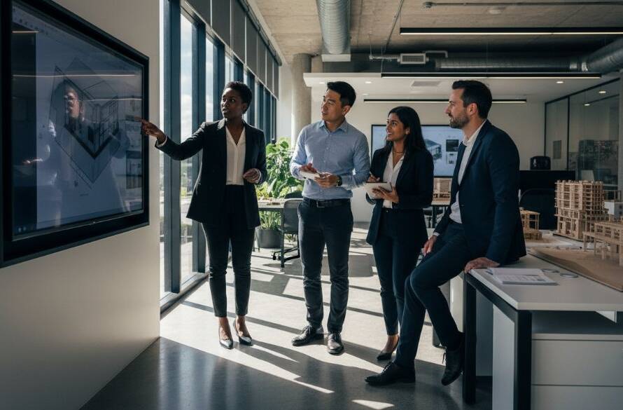 An epic moment captured during dynamic corporate photography Langwarrin teams photoshoot, showing a diverse group of professionals collaborating energetically in a modern Langwarrin office space, bathed in warm, natural light, with a vibrant, professional aesthetic.