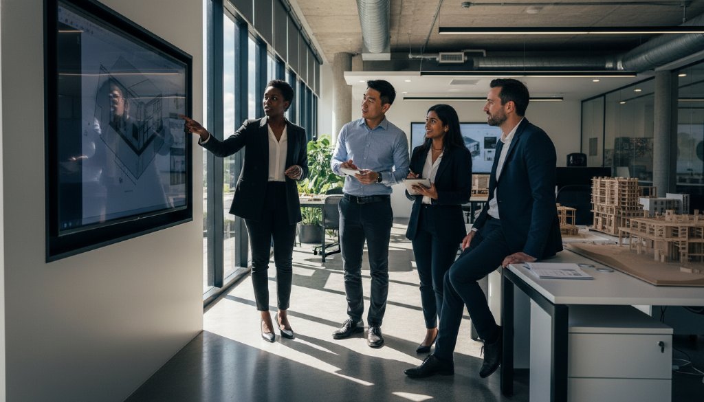 An epic moment captured during dynamic corporate photography Langwarrin teams photoshoot, showing a diverse group of professionals collaborating energetically in a modern Langwarrin office space, bathed in warm, natural light, with a vibrant, professional aesthetic.