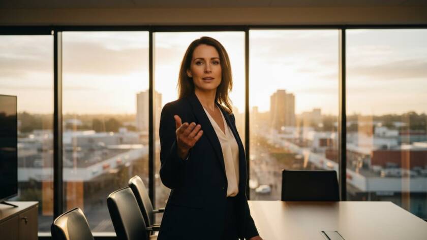 Dynamic corporate photography Oakleigh businesses Victoria captured in an epic, dramatic portrait of a successful business leader smiling confidently in a modern Oakleigh office, with strong directional lighting highlighting their determination.