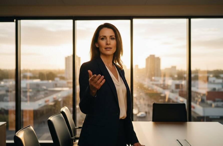 Dynamic corporate photography Oakleigh businesses Victoria captured in an epic, dramatic portrait of a successful business leader smiling confidently in a modern Oakleigh office, with strong directional lighting highlighting their determination.