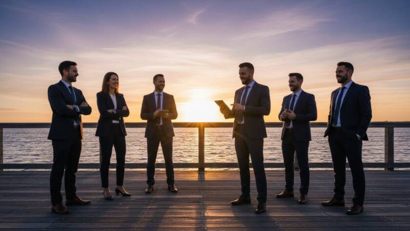 A group of cheerful Sandringham Bay professionals captured in a dynamic corporate photography session, walking along the Sandringham Yacht Club boardwalk at sunset, dramatic backlighting creating a stunning, high-energy 'epic moment'.