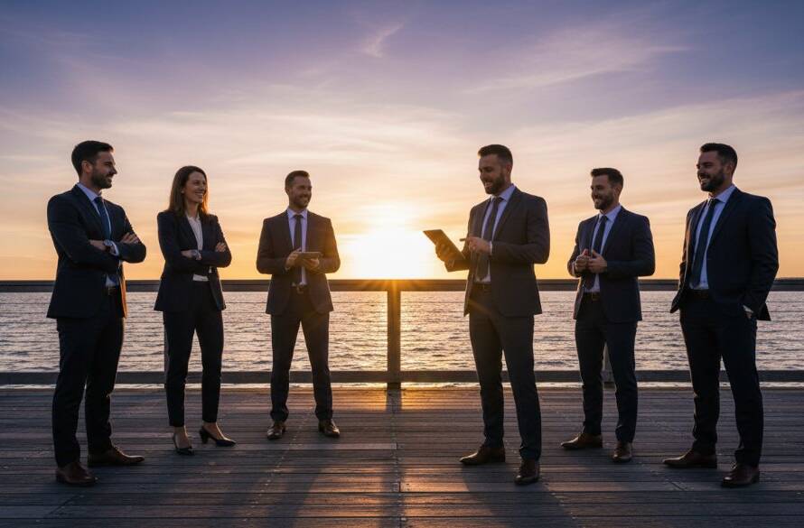 A group of cheerful Sandringham Bay professionals captured in a dynamic corporate photography session, walking along the Sandringham Yacht Club boardwalk at sunset, dramatic backlighting creating a stunning, high-energy 'epic moment'.