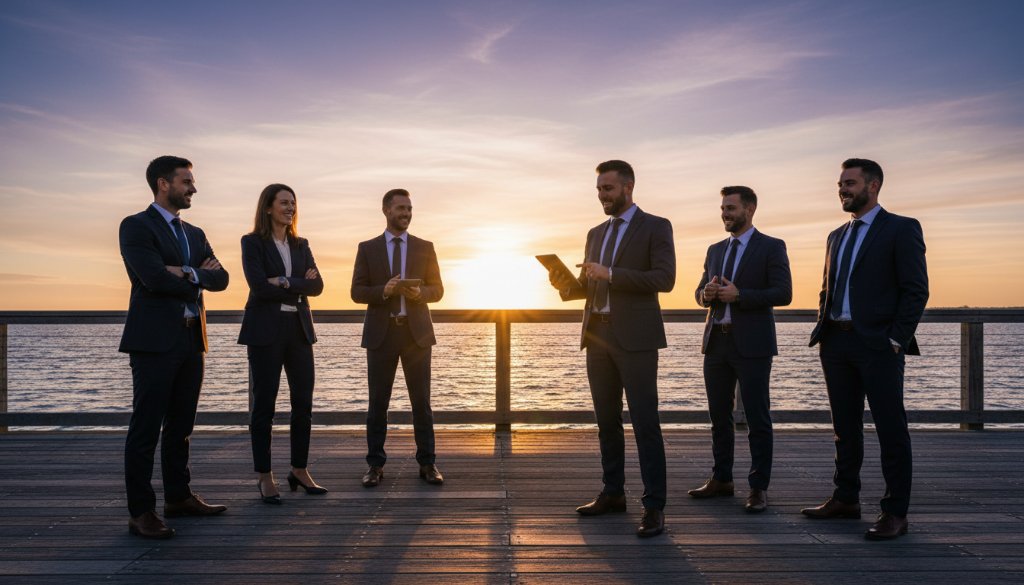 A group of cheerful Sandringham Bay professionals captured in a dynamic corporate photography session, walking along the Sandringham Yacht Club boardwalk at sunset, dramatic backlighting creating a stunning, high-energy 'epic moment'.