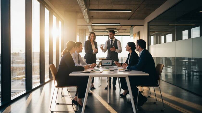 A striking, professionally colour-graded image of a diverse team of professionals in Melton, Victoria, showcasing the power of dynamic corporate photography solutions Melton VIC businesses need. The team is captured mid-collaborative discussion in a modern office, bathed in dramatic natural light, reflecting their innovation and professionalism.