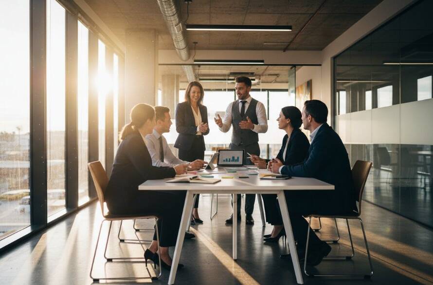 A striking, professionally colour-graded image of a diverse team of professionals in Melton, Victoria, showcasing the power of dynamic corporate photography solutions Melton VIC businesses need. The team is captured mid-collaborative discussion in a modern office, bathed in dramatic natural light, reflecting their innovation and professionalism.