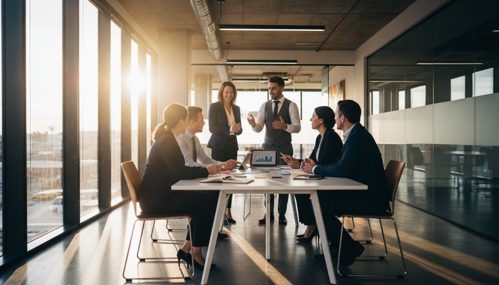 A striking, professionally colour-graded image of a diverse team of professionals in Melton, Victoria, showcasing the power of dynamic corporate photography solutions Melton VIC businesses need. The team is captured mid-collaborative discussion in a modern office, bathed in dramatic natural light, reflecting their innovation and professionalism.