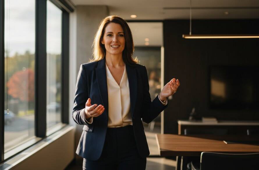 Dynamic corporate photography Vermont Victoria professionals, depicted by a confident CEO in a modern, light-filled office space with a subtle view of Vermont's green surrounds, delivering a presentation with dramatic lighting.