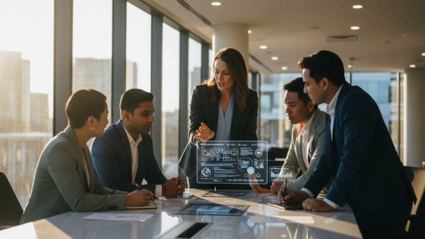 Dynamic Corporate Photography Williams Landing Businesses: An epic moment capture of a diverse business team collaborating energetically in a modern Williams Landing office space, bathed in golden hour light, reflecting professionalism and innovation.