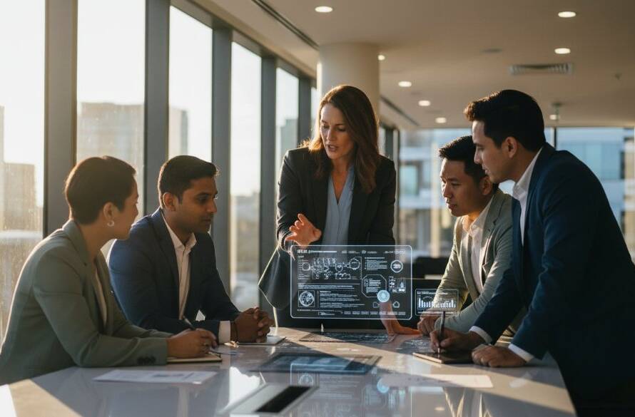 Dynamic Corporate Photography Williams Landing Businesses: An epic moment capture of a diverse business team collaborating energetically in a modern Williams Landing office space, bathed in golden hour light, reflecting professionalism and innovation.