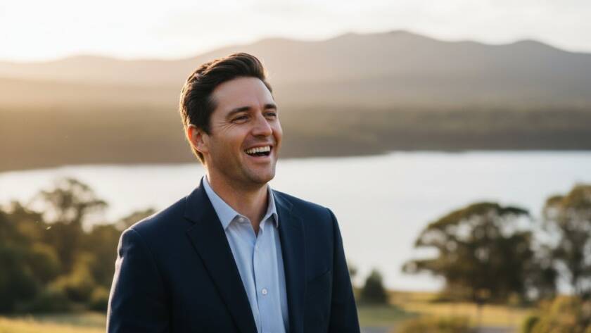 A dynamic corporate portrait photography Lysterfield Victoria businesses scene, featuring a confident business leader silhouetted against a dramatic Lysterfield landscape at sunset, showcasing professionalism and ambition with professional lighting and colour grading.