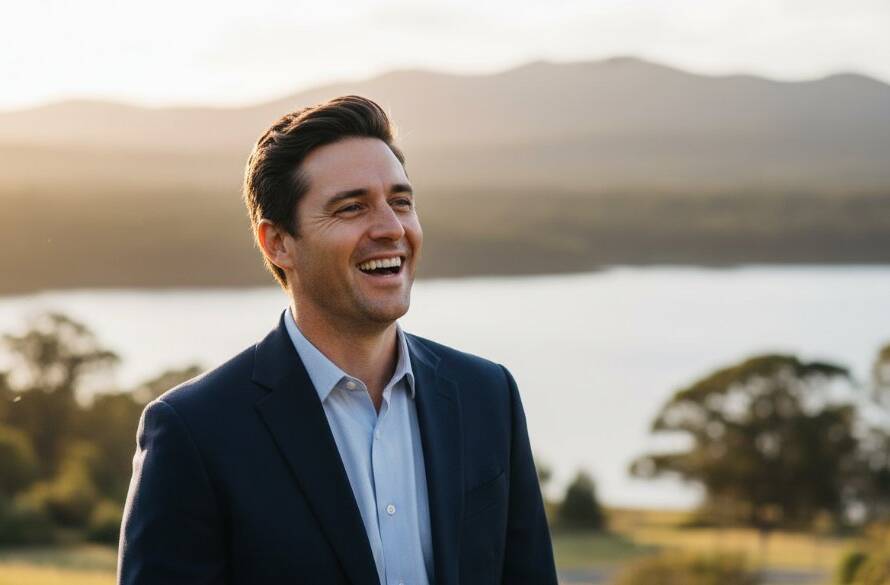A dynamic corporate portrait photography Lysterfield Victoria businesses scene, featuring a confident business leader silhouetted against a dramatic Lysterfield landscape at sunset, showcasing professionalism and ambition with professional lighting and colour grading.