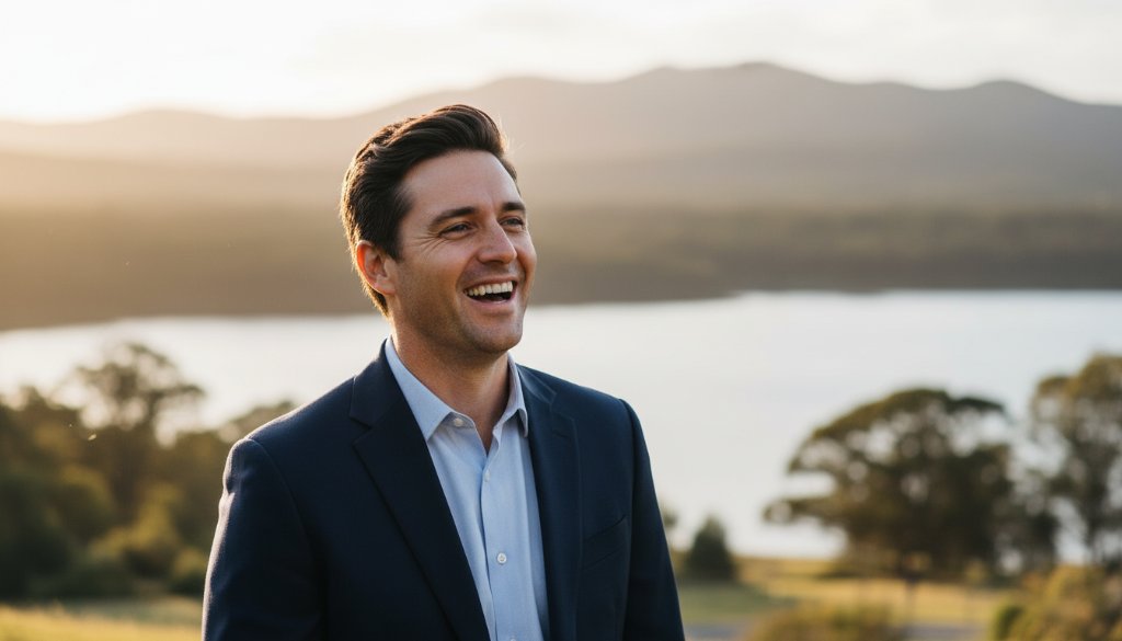 A dynamic corporate portrait photography Lysterfield Victoria businesses scene, featuring a confident business leader silhouetted against a dramatic Lysterfield landscape at sunset, showcasing professionalism and ambition with professional lighting and colour grading.