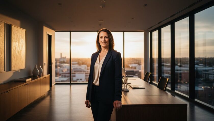 Epic moment captured: A successful Geelong West professional confidently engaging in a modern office, bathed in dramatic natural light, showcasing the impact of dynamic corporate portraits Geelong West Victoria professionals need to stand out. The city's unique charm subtly visible through a large window, creating a powerful, aspirational scene.