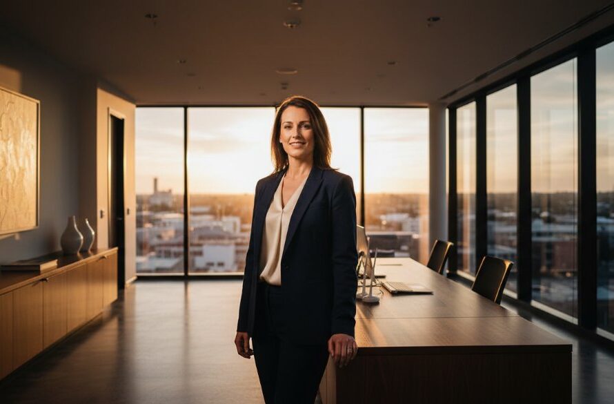 Epic moment captured: A successful Geelong West professional confidently engaging in a modern office, bathed in dramatic natural light, showcasing the impact of dynamic corporate portraits Geelong West Victoria professionals need to stand out. The city's unique charm subtly visible through a large window, creating a powerful, aspirational scene.