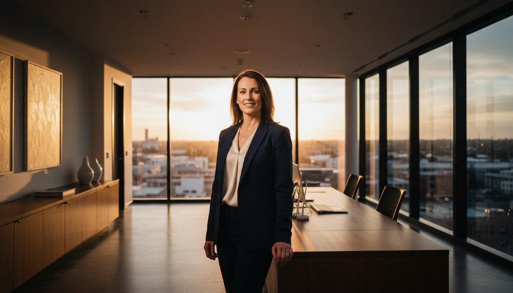 Epic moment captured: A successful Geelong West professional confidently engaging in a modern office, bathed in dramatic natural light, showcasing the impact of dynamic corporate portraits Geelong West Victoria professionals need to stand out. The city's unique charm subtly visible through a large window, creating a powerful, aspirational scene.