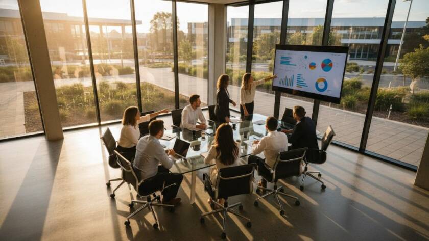An epic moment of a diverse corporate team, expertly captured in dynamic corporate team photography Burnside business parks. The image features a group of professionals collaborating in a modern Burnside business park setting, bathed in dramatic, natural light filtering through large windows, showcasing their energy and synergy with professional colour grading.