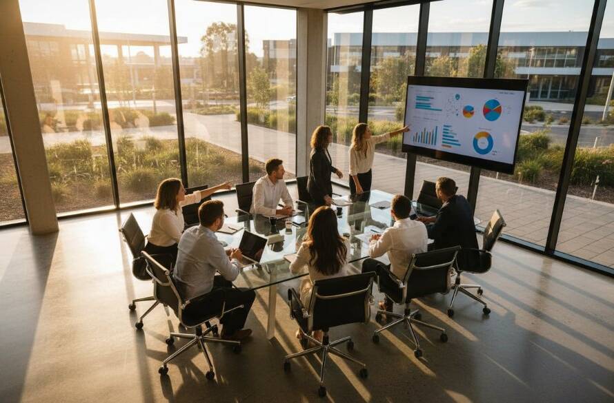 An epic moment of a diverse corporate team, expertly captured in dynamic corporate team photography Burnside business parks. The image features a group of professionals collaborating in a modern Burnside business park setting, bathed in dramatic, natural light filtering through large windows, showcasing their energy and synergy with professional colour grading.