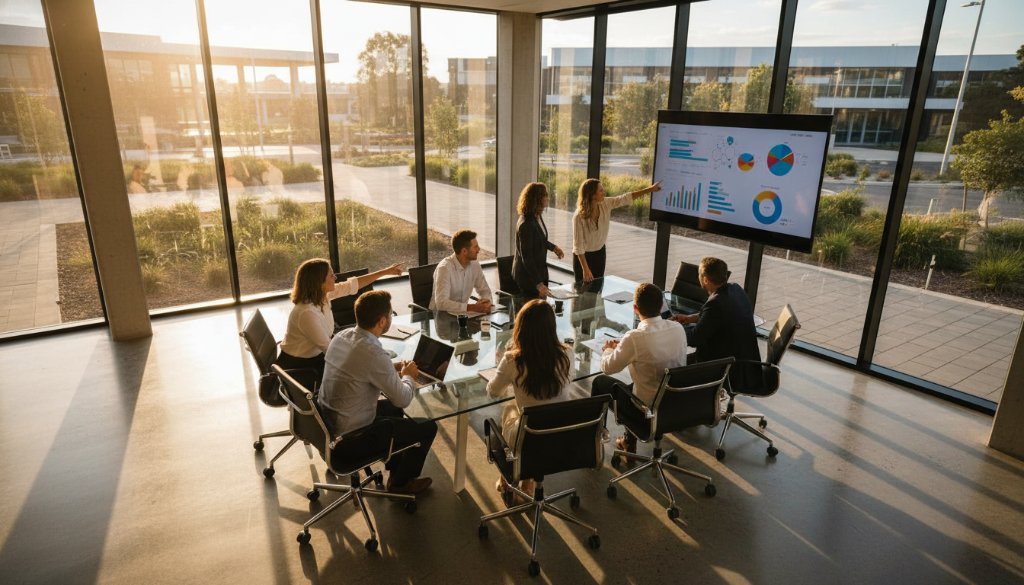 An epic moment of a diverse corporate team, expertly captured in dynamic corporate team photography Burnside business parks. The image features a group of professionals collaborating in a modern Burnside business park setting, bathed in dramatic, natural light filtering through large windows, showcasing their energy and synergy with professional colour grading.