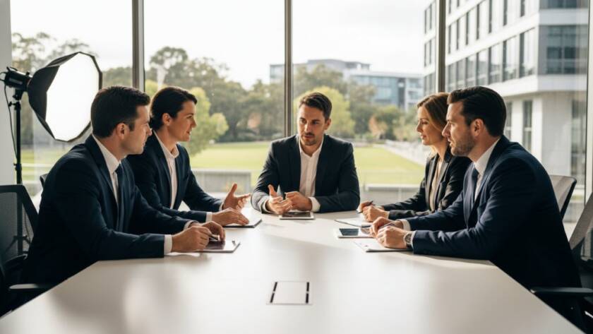 Dramatic wide shot of a diverse corporate team in Burwood East, looking confident and collaborative in a modern office, captured with dynamic corporate team photography, professional lighting, and cinematic colour grading.