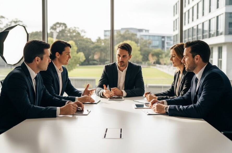 Dramatic wide shot of a diverse corporate team in Burwood East, looking confident and collaborative in a modern office, captured with dynamic corporate team photography, professional lighting, and cinematic colour grading.