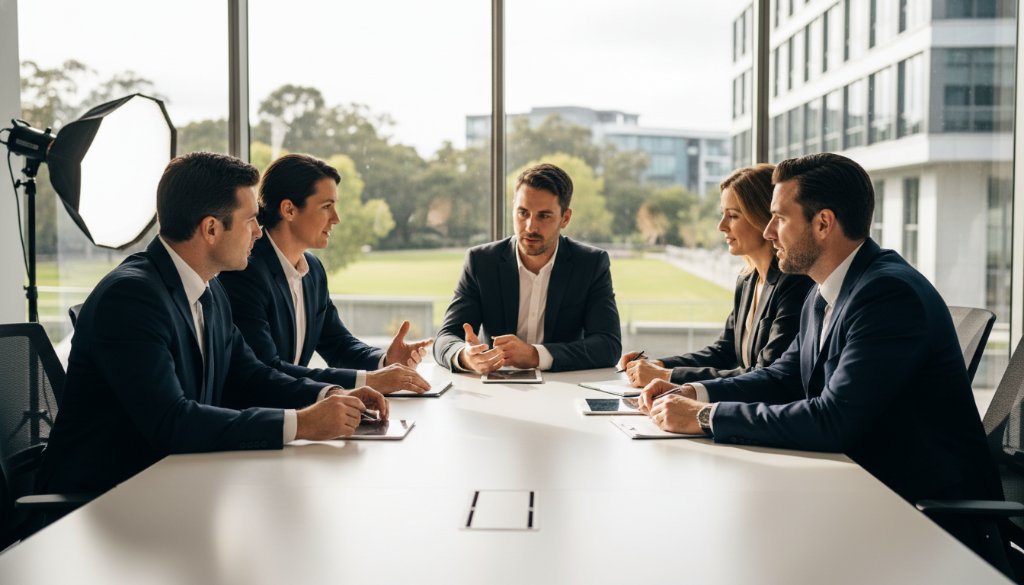 Dramatic wide shot of a diverse corporate team in Burwood East, looking confident and collaborative in a modern office, captured with dynamic corporate team photography, professional lighting, and cinematic colour grading.