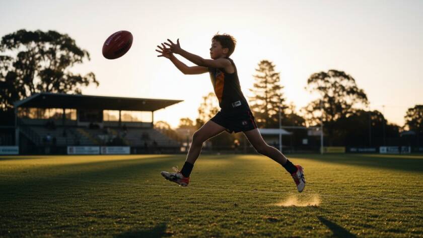 An epic, dramatic action shot of a young AFL player mid-air, hands outstretched, attempting a mark during dynamic Cranbourne South junior footy photography, bathed in golden hour light on a Cranbourne South oval.