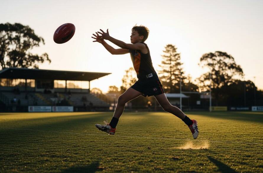 An epic, dramatic action shot of a young AFL player mid-air, hands outstretched, attempting a mark during dynamic Cranbourne South junior footy photography, bathed in golden hour light on a Cranbourne South oval.
