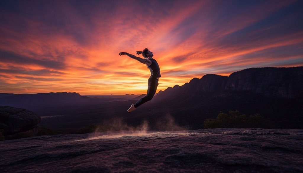 A male dancer in mid-air, silhouetted against a dramatic sunset over the Grampians near Ararat, performing an acrobatic leap, showcasing dynamic dance photography Ararat performance with professional lighting.