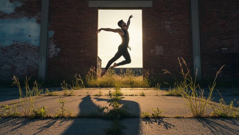 A powerful, dramatically lit photograph capturing a dancer in mid-air during an epic leap, showcasing dynamic dance photography Ardeer for passionate performers, with the industrial yet artistic backdrop of Ardeer's local area at sunset. Professional colour grading highlights the dancer's strength and grace.